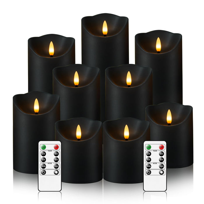 Nimiko Flameless Candles with Remote, Battery Operated Flickering Flameless Candles, LED Candles with Timer 2/4/6/8H, with Realistic LED Candles Set of 9 (D3 x H 3" 4" 5" 6" 7") (Black)