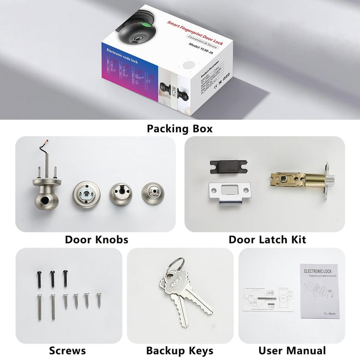 Fingerprint Door Lock, Smart Fingerprint Door Knob with Lock, Biometric Door Lock, Keyless Thumbprint Entry Door Lock for Bedrooms, Hotels, Apartments, Offices and Garages