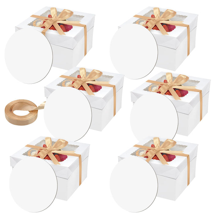 ZKKZOMA 12PCS 12x12x8 In Tall Cake Boxes with Cake Boards—(6 Cake Boxes with window & 6 Cake Borads & 70ft Silk Ribbon)Large Square Baking Boxes for Christmas,Birthday Party, Wedding, Valentine's Day