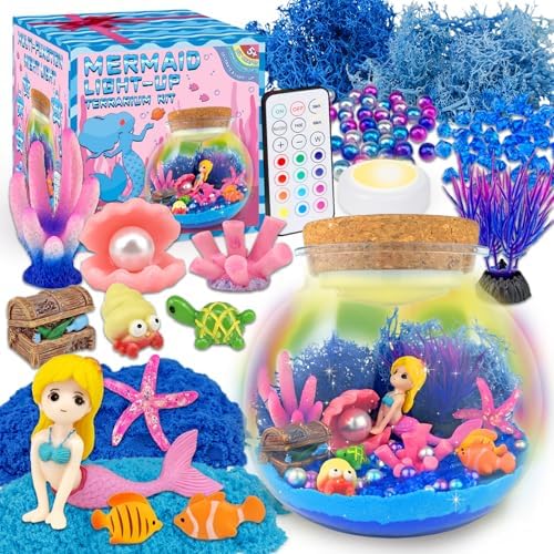 Mermaid Terrarium Craft Kit for Kids - LED Night Light Up & Remote Mermaid Birthday Gifts Toys for Girls Age 5 6 7 8 9 10 11 12 Year Old