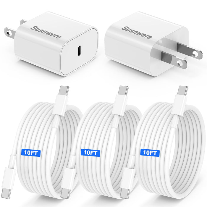 Susnwere Extra Long for iPhone 15 16 Charger 10 Ft with 20w USB C Charger Block,2-Pack 20W Fast Wall Charger for 15/15 Pro/Pro Max/iPad Pro AirPods/Samsung and More, with 3 Pack 10ft USB-C Cable