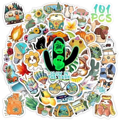 100 Pcs Cartoon Mixed Water Bottle Stickers for Kids, Glow in The Dark Cute Mixed Vinyl Waterproof Laptop Decals, Phone Case Skateboard Helmet Mug Scrapbook Decoration, Adults, Kids and Teens