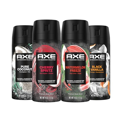 AXE Fine Fragrance Body Spray Variety Pack 4 Pack Touch of Sweetness - Cherry Spritz, Pure Coconut, Black Vanilla, Watermelon Freeze Aluminum Free 4 oz