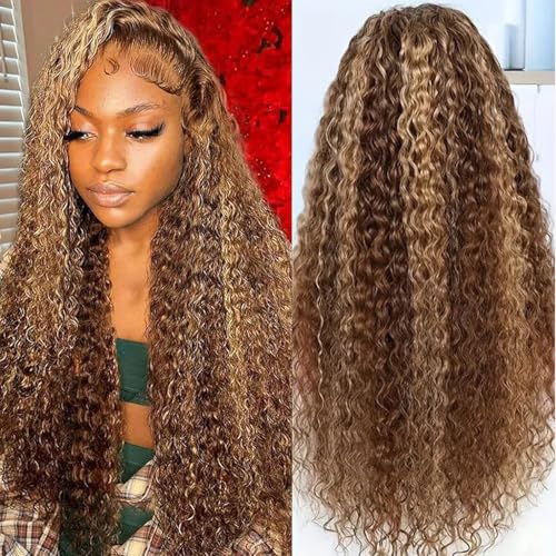 5x5 HD Lace Closure Wigs Human Hair Highlight Ombre 5x5 Deep Wave Closure Wig 180% Density P4/27 Wet And Wavy Lace Front Wigs for Black Women Glueless Honey Blonde Deep Curly Wig Human Hair 22 Inch