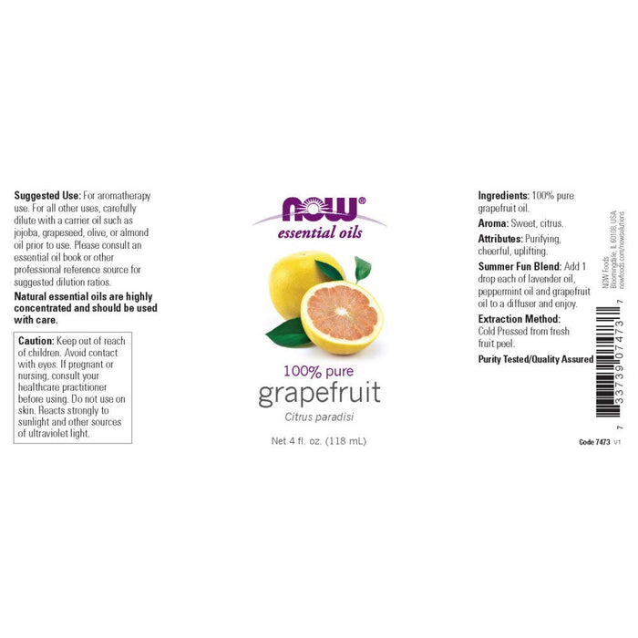 NOW Essential Oils, Grapefruit Oil, Sweet Citrus Aromatherapy Scent, Cold Pressed, 100% Pure, Vegan, Child Resistant Cap, 4-Ounce