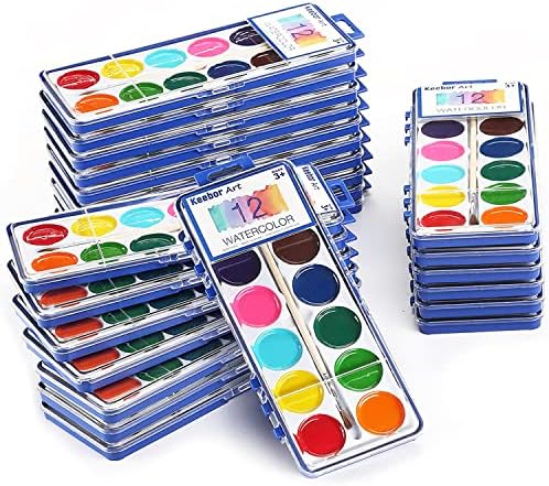 12 Colors Watercolor Paint Set for Kids, 24 Pack Washable Water Colors for Party Favors, Gifts, Classroom Supplies (Wood Brushes Included)