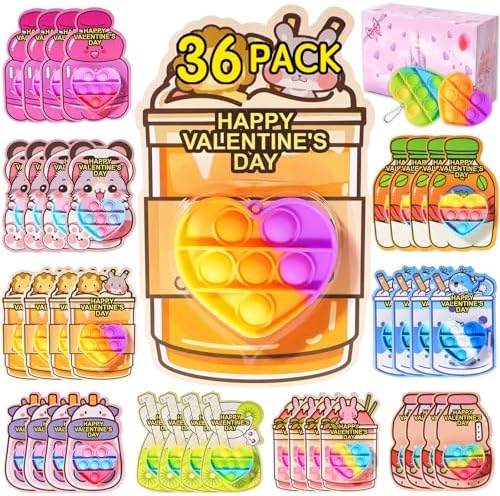 36 Pack Prefilled Valentines Party Favors for Kids, Heart Pop It Toys, Bulk Cards Gifts for Kids School Class Exchange Gifts Boys Girls