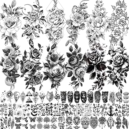 65 Sheets Black Realistic Flower Temporary Tattoos For Women Arm Thigh, 3D Fake Tattoos That Look Real And Last Long, Temp Rose Sketch Moon Snake Peony Floral Tattoo Stickers For Adults Girls