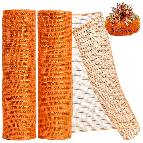 TONIFUL 2 Rolls 10 Inch Orange Decorative Mesh Ribbbon Rolls, Fabric Mesh with Foil for Mesh Wreath Supplies, Front Door Wreath Crafts Tree Decor Christmas NewYears Halloween Decoration (10 yds/roll)