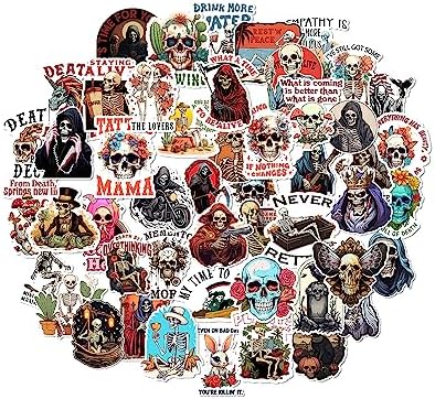50Pcs Skeleton Stickers Diecut Waterproof Gothic Skull Vinyl Stickers Pack for Water Bottle Car Laptop Phone Death Decals for Teens and Adults