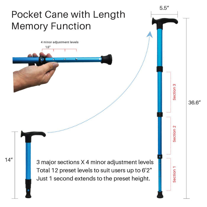 Pocket Cane : Latest Ultra-Compact Walking Cane with Length Memory Function, 1 Second extends to Desired Length (up to 37") Collapse to 14”. Adjustable, Lightweight & Portable. Electric Blue