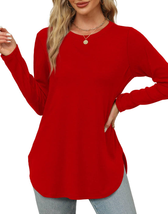 XIEERDUO Long Sleeve Shirts for Women Christmas Red Crewneck Tunic Tops to Wear with Leggings Dressy Casual M