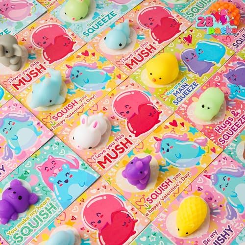 JOYIN 28 Pcs Gift Cards with Animal Mochi Squishy Toy, Kawaii Mochi with Cards, Stress Relief Fidget Toy for Kids Classroom Exchange Prizes, Party Favor