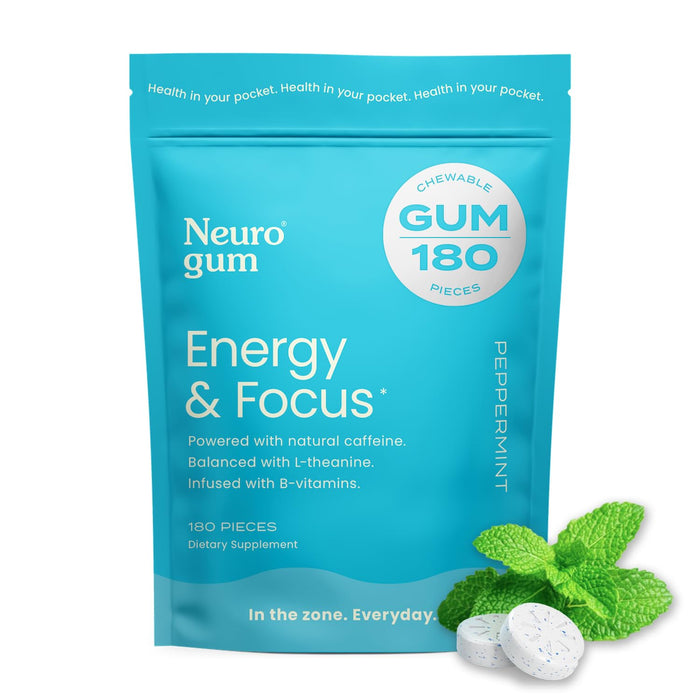 NeuroGum Energy Caffeine GUM (180 Pieces) - Sugar Free with L-theanine + Natural Caffeine + Vitamin B12 & B6 - Nootropic Energy & Focus Supplement for Women & Men - Keto & Vegan, Peppermint Flavor