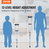 VEVOR Underarm Crutches, 13-Level Height Adjustable Underarm Walking Crutches, Lightweight Aluminum Crutches for Adults Teenager - with Soft Underarm Pad for Leg Injury Surgery Disabled, 1 Pair 300LBS