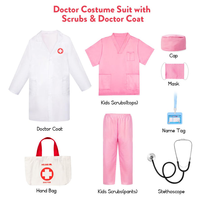 Meland Doctor Costume for Girls - Kids Scrubs with Lab Coat & Carry Bag, Doctor Dress Up for Halloween, Career Day Role Play(Pink,5-6 Years)