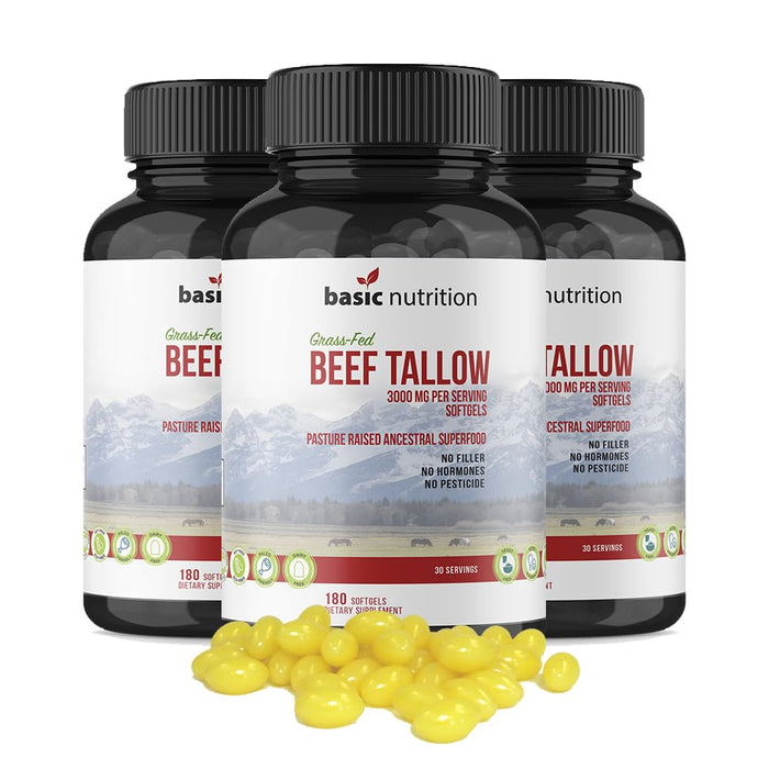 Basic Nutrition Pasture Raised Beef Tallow Softgels | 3000mg Serving | 100% Grass Fed, Grass Finished Ancestral Superfood | No Hormones, No Fillers, Non-GMO, Pesticide Free | Made in The USA