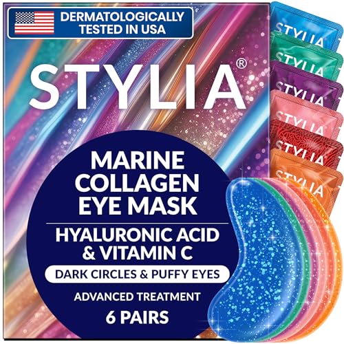 Stylia Under Eye Patches for Dark Circles and Puffy Eyes (6 Pairs), Marine Collagen Eye Mask for Puffiness with Vitamin C, Hyaluronic Acid, Pearl Extract, Eye Gel Pads for Dark Circles and Puffiness