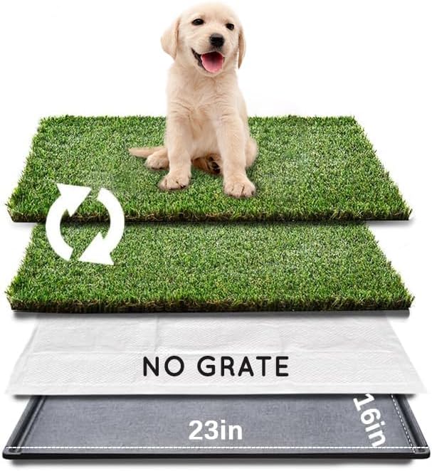 HQ4us Dog Grass Pad with Tray Small 23" x 16" Dog Litter Box Toilet for Puppy (No Grate) with 2×Artificial Grass for Dogs with Hemmed Edge, Pee Pads for Dogs, Realistic, Less Stink, Potty for Balcony