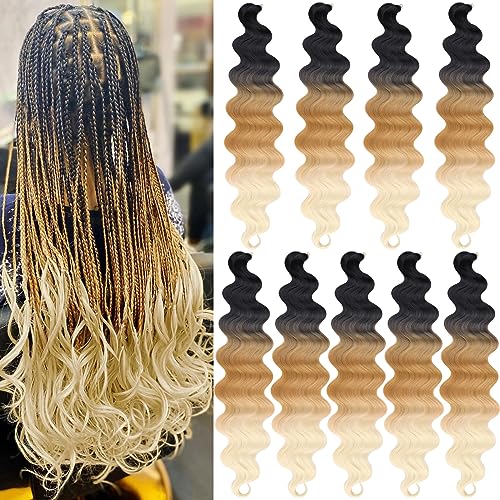 Unionbeauty 24 Inch Body Wave Braiding Hair 9 Packs Pre-Feathered Braiding Hair for Boho Box Braids Crochet Hair Ombre Brown Blonde Synthetic Crochet Braids Hair Extensions for Black Woman(1B/27/613#)