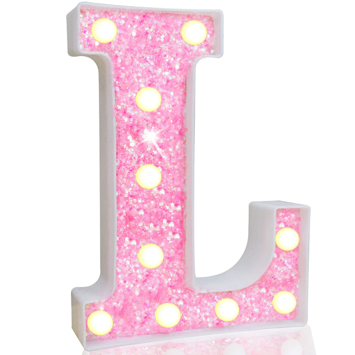 Pooqla LED Marquee Letter Lights, Light Up Pink Letters Glitter Alphabet Letter Sign Battery Powered for Night Light Birthday Party Wedding Girls Gifts Home Bar Christmas Decoration, Pink Letter L