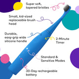 BURSTkids Kids Electric Toothbrush, Soft Bristle Kid & Toddler Toothbrush, 2-Minute Timer, Rechargeable Battery, Easy-Grip Silicone Handle, 2 Brush Modes for Healthy Smiles, Ages 3+, Purple