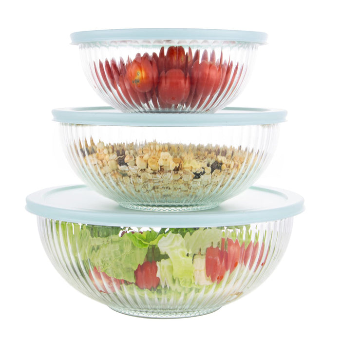 WhiteRhino Glass Mixing Bowls with Lids Set of 3(3.7QT, 2.1QT, 1.1QT),Large Kitchen Salad Bowls, Space-Saving Nesting Bowls, Clear Glass Serving Bowls for Cooking,Baking,Prepping,Dishwasher Safe