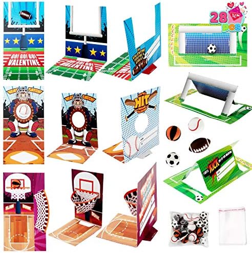 JOYIN 28 pcs Fun Sports Game Card and Erasers for Kids Party Favor, Classroom Exchange Prizes wih Valentine’s Greeting Cards