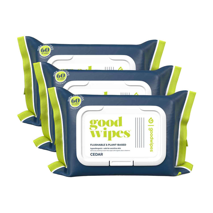 Goodwipes Flushable Butt Wipes Made with Vitamin E & Aloe – Soft & Gentle Wet Wipe Dispenser for Home Use, Septic & Sewer Safe – Largest Adult Toilet Wipes – Cedar, 180 count (3 packs)