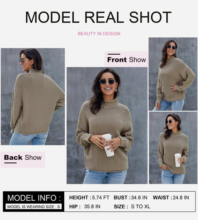 Dokotoo Oversized Sweaters for Women Trendy Batwing Long Sleeve Turtleneck Sweaters Solid Casual Fall Outifits Loose Khaki Sweater Chunky Cable Knit Sweater Christmas Sweaters Jumper Blouses Large