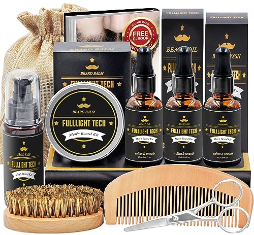 FULLLIGHT TECH Beard Kit for Men Grooming & Care W/Beard Wash,3 Packs Beard Oil,Beard Balm Leave-in Conditioner,Comb,Brush,Scissors,Premium Gifts for Men Dad Husband
