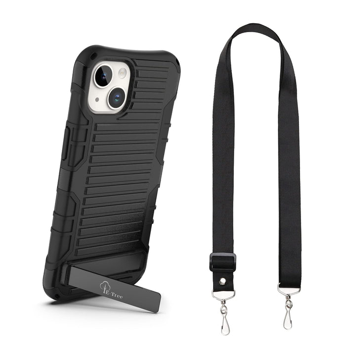 E-Tree Compatible with iPhone 15 Plus & 14 Plus Case 6.7 inch, with Crossbody Strap and Stand, Protection Shockproof Hard Phone Case Black, Perfect for Go Outside and Kid Elderly