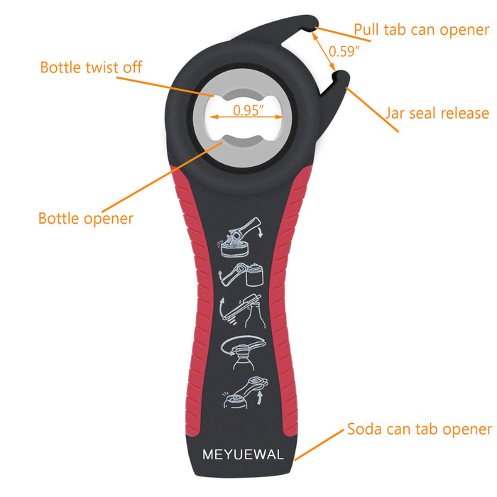 Jar Opener Bottle Opener for Weak Hands, 5 in 1 Multi Function Can Opener Bottle Opener Kit with Silicone Handle Easy to Use for Children, Elderly and Arthritis Sufferers (New red)