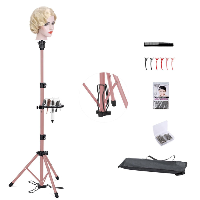 Klvied Metal Wig Stand Tripod with Foot Panel,Adjustable Mannequin Head Stand Tool Tray, Wig Head Stand for Styling,Tripod for Mannequin Head,Rose Golden