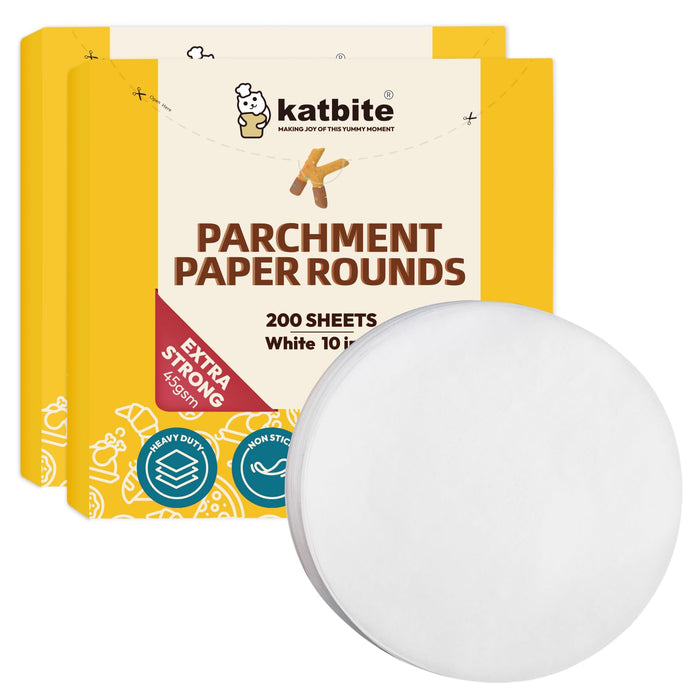 Katbite 10 Inch Parchment Paper Rounds, 400Pcs Round Parchment Paper for Cake Baking, Air Fryer Liners, Freezing, Tortilla Press(2 Pack of 200Pcs)
