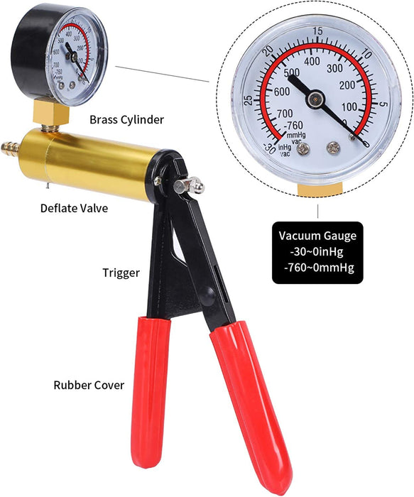 ZJERYL GULL 2 in 1 Brake Bleeder Kit with Hand Vacuum Pump with Gauge Adapters Automotive Brake Fluid Bleeding Set with Protected Case for Car Truck (Red)