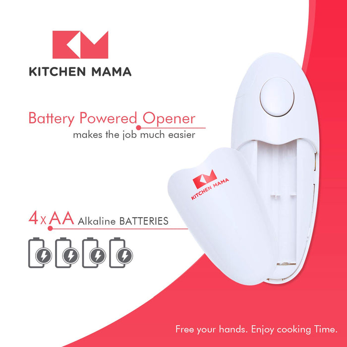 Kitchen Mama Auto Electric Can Opener Open Your Cans with A Simple Press of Button - Automatic, Hands Free, Smooth Edge, Food-Safe, Battery Operated, YES YOU CAN (White)