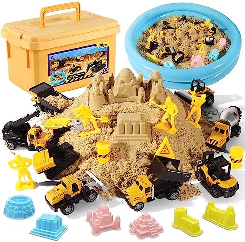 Play Construction Sand Kit,2.2lbs Magic Sand,8 Alloy Construction Vehicles,1 Inflatable Sandbox,8 Worker Figures and Road Signs,6 Castle Molds,1 Storage Box, Sensory Toys for Kids Ages 3+