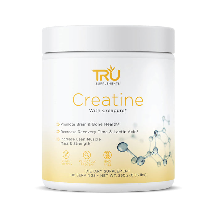 TRU Creatine | 100% Pure Patented Creapure | Increase Strength & Boost Stamina | Build Lean Muscle with Zero Water Retention or Bloating | Clinically Tested and Safe | 100 Servings