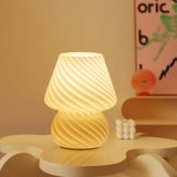 ONEWISH Mushroom Lamp-Small Bedside Table Lamp with Striped Glass, Nightstand Night Light for Bedroom Living Room, 3000K 6.5W Bulb Included, for Christmas Day, Creamy Yellow