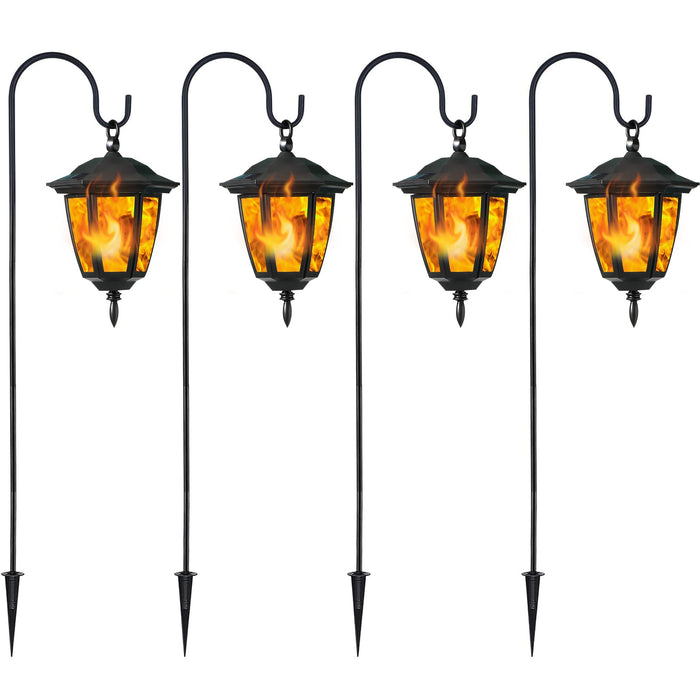 Dynaming 4 Pack Solar Flame Hanging Lights Outdoor, Halloween Solar Flickering Flame LED Garden Lanterns with 4 x 38 Inch Shepherd Hooks, Christmas Lighting for Lawn Patio Yard Pathway Driveway