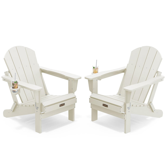 SERWALL Folding Adirondack Chair Set of 2, All Weather Patio Chair with Wood Texture, Fire Pit Chairs for Outdoor - White