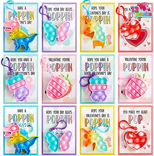 JOYIN 12 Packs Valentine's Day Cards with Pop Fidget Keychain Toys, Stress Anxiety Relief Fidget Toys with Cards for Kids Valentine's Classroom Exchange Prizes, Valentine's Day Party Favors