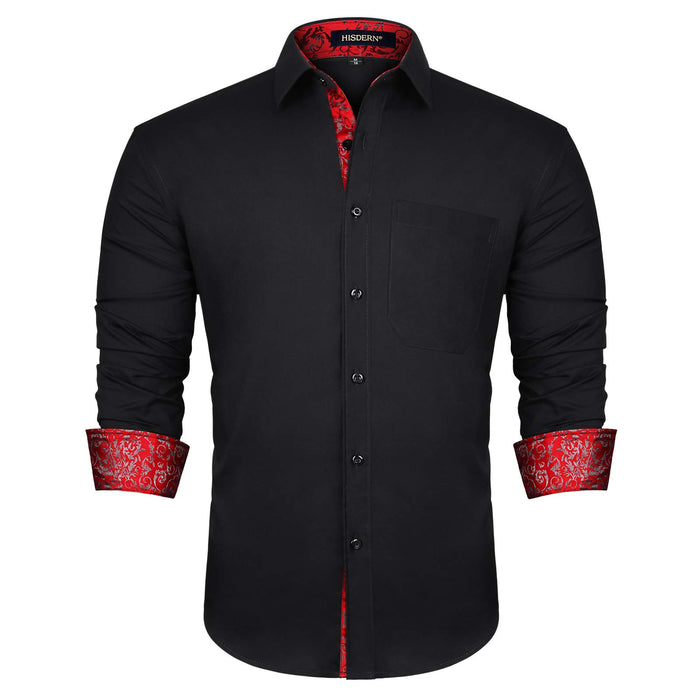 HISDERN Black Red Dress Shirt for Men Long Sleeve Formal Casual Button Down Shirt Mens Slim Fit Paisley Inner Contrast Fashion Christmas Shirts
