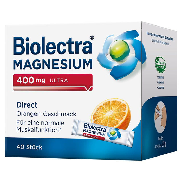 Biolectra Magnesium 400 mg Direct Sticks Orange, 40 pieces: For normal muscle function when there is increased need, magnesium direct sticks, high doses