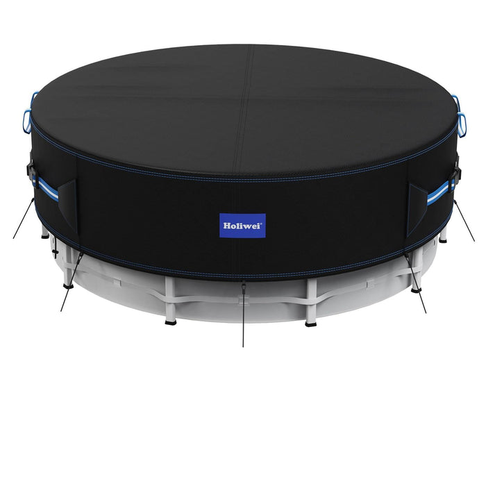 Holiwei 24 Ft Round Pool Cover with Reflective Strips, 420D Swimming Pool Cover for Above Ground Pools, Solar Cover with Drawstring and Ground Nails for Dustproof, UV Protected