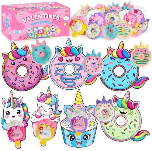 28 Pack Valentines Day Gifts for Kids, Cute 3D Valentine Unicorn Erasers & Ice Cream Eraser for Valentine Kids Party Favor, School Classroom Exchange Prizes for Boys Girls