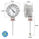 MEANLIN MEASURE 1/2" NPT Bimetal Thermometer for hot Water, boilers, and Pipes，3.3" Dial, 4.4" Stainless Steel Stem，Temperature Range 0-220°F/-10-100 ° C, Accuracy 2%,Lower Mount