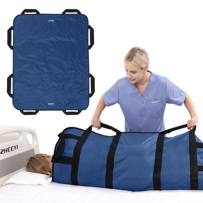 ZHEEYI Multipurpose 48" x 40" Positioning Bed Pad with Reinforced Handles - Reusable & Washable Transfer Sheet for Turning, Lifting & Repositioning - Double-Sided Nylon Fabric, Navy Blue