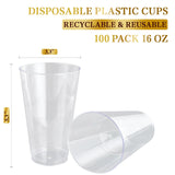 FOCUSLINE 100 Pack 16 oz Clear Plastic Cups, Disposable Cups Large Reusable Plastic Tumblers, Heavy-duty Clear Hard Plastic Cups 16 Ounce for Wedding Party, Thanksgiving, Halloween, Christmas